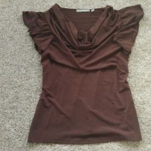Sexy & tight top Flutter Sleeve with plunging neck fitted brown ruffles size L